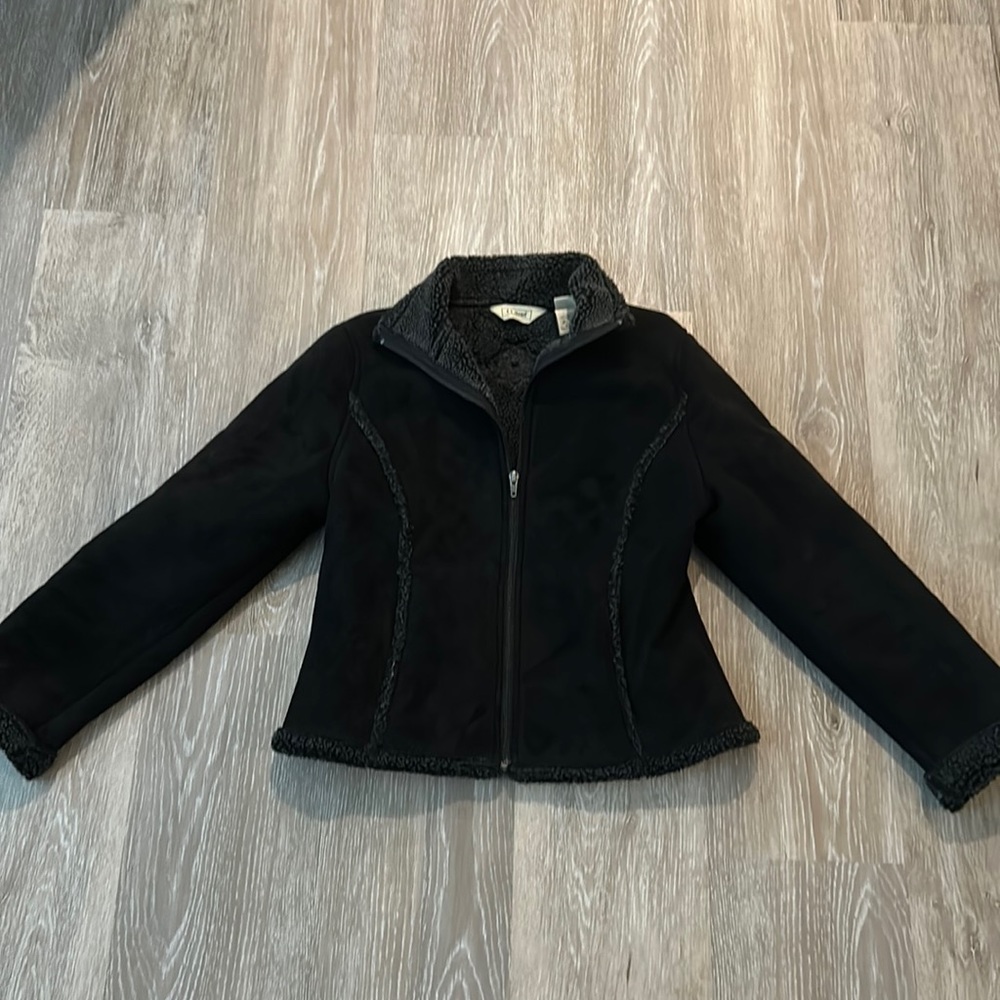Womans LL Bean Faux Suede Sherpa Lined Embroidered Floral Jacket Coat Black
